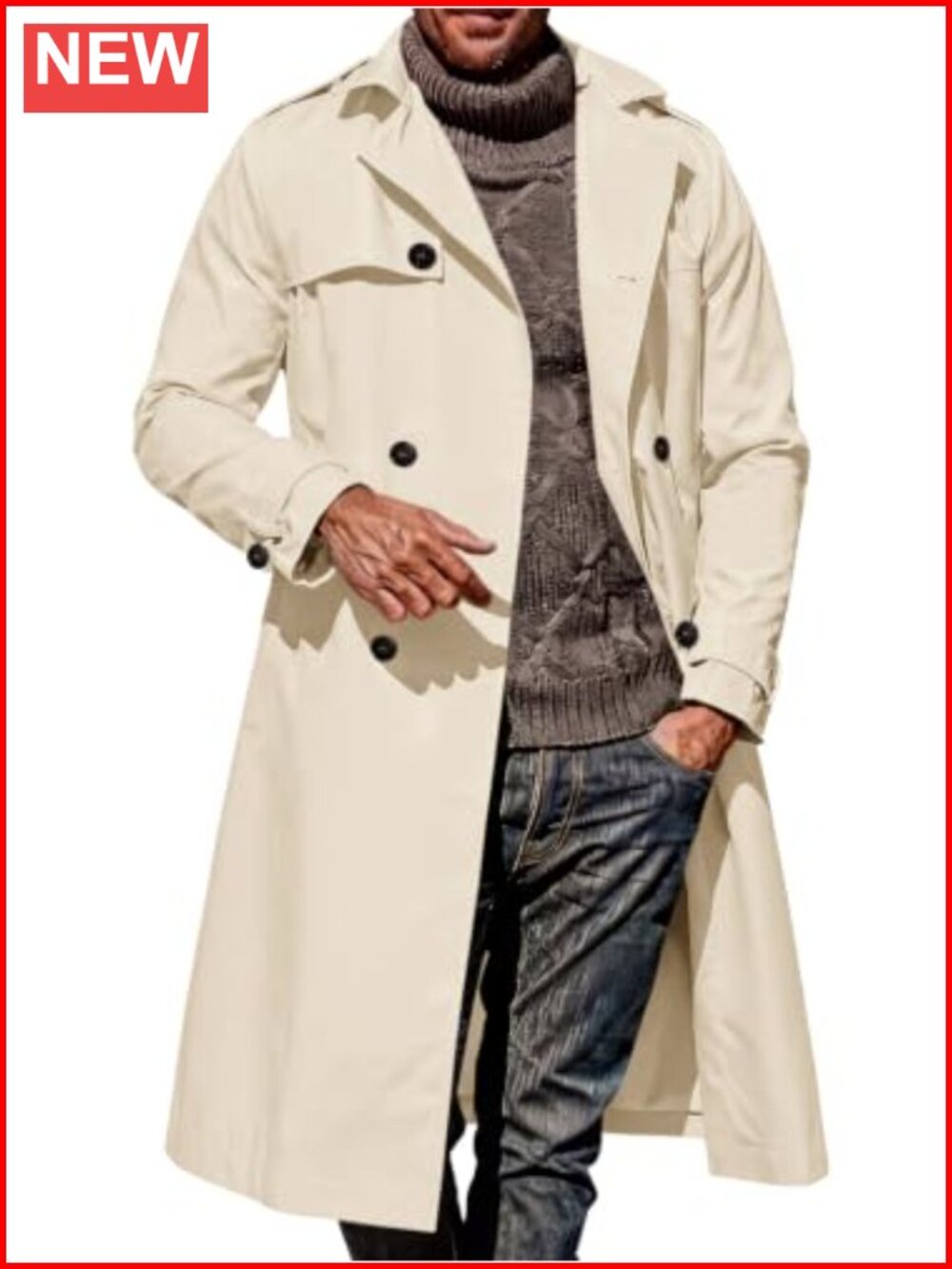 Mens Trench Coat Double Breasted Notched Lapel Slim Fit Long Overcoat